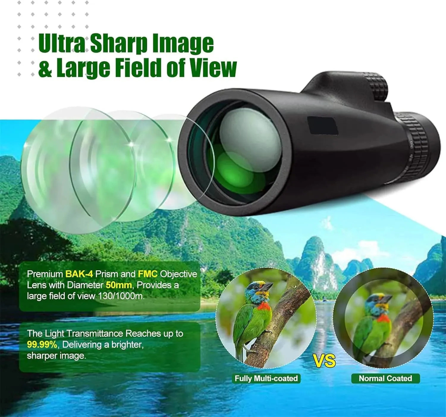 Professional Monocular Powerful Night Vision Telescope Long Range Spotting Scope Camping Hunting Fishing for Watching Bird Binoculars,Green 2