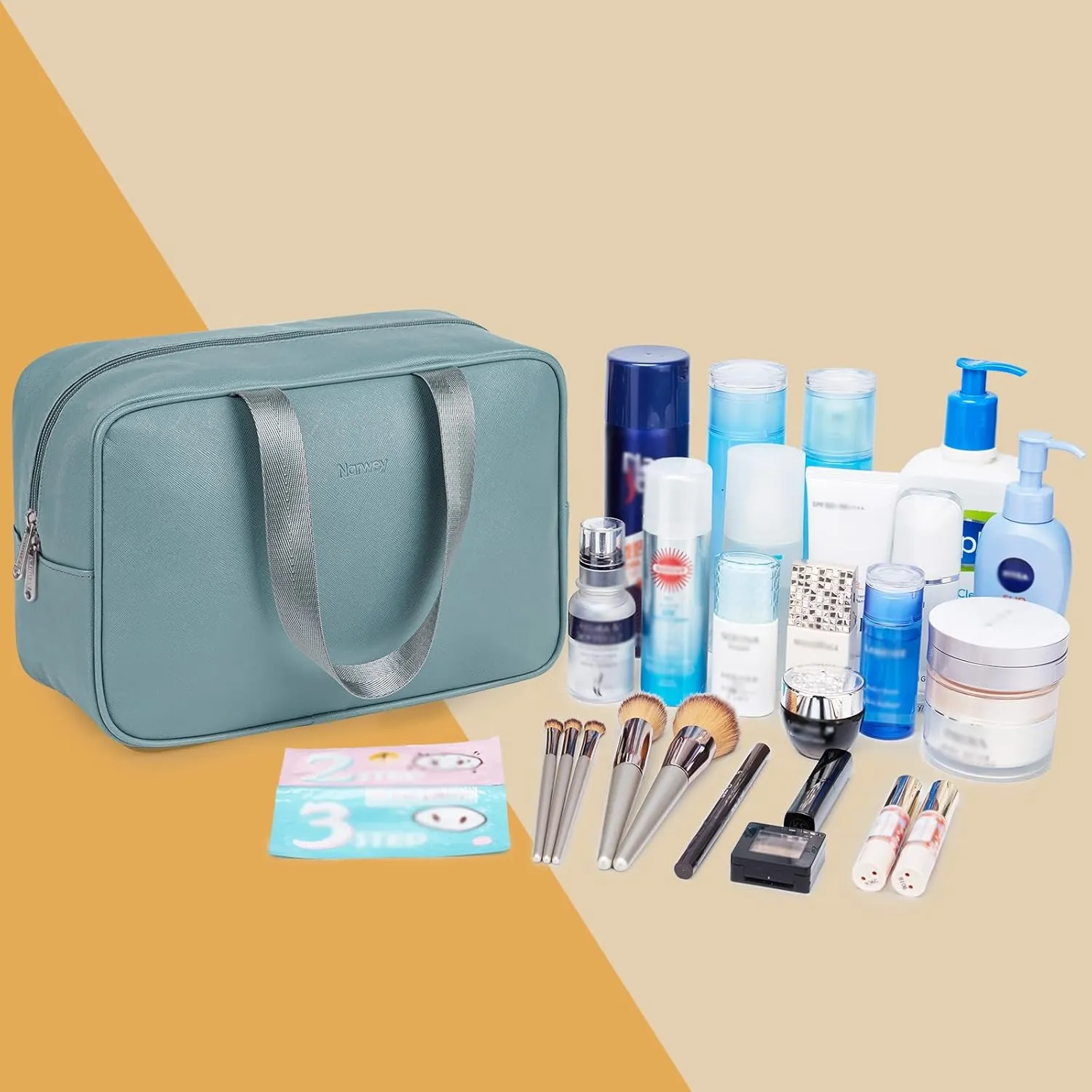 PU Leather Large Travel Toiletry Bag Women Toiletries Bag Skincare Bag Makeup Bag Organizer Make up bag Cosmetic Bag Medicine Bag for Girls (Large, Greyish Blue)