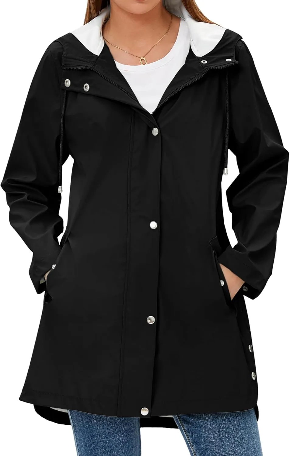 Rain Jacket Womens Waterproof with Hood, Long Rain Coat Windproof Windbreaker Outdoor Rain Trench Coat S-XXL