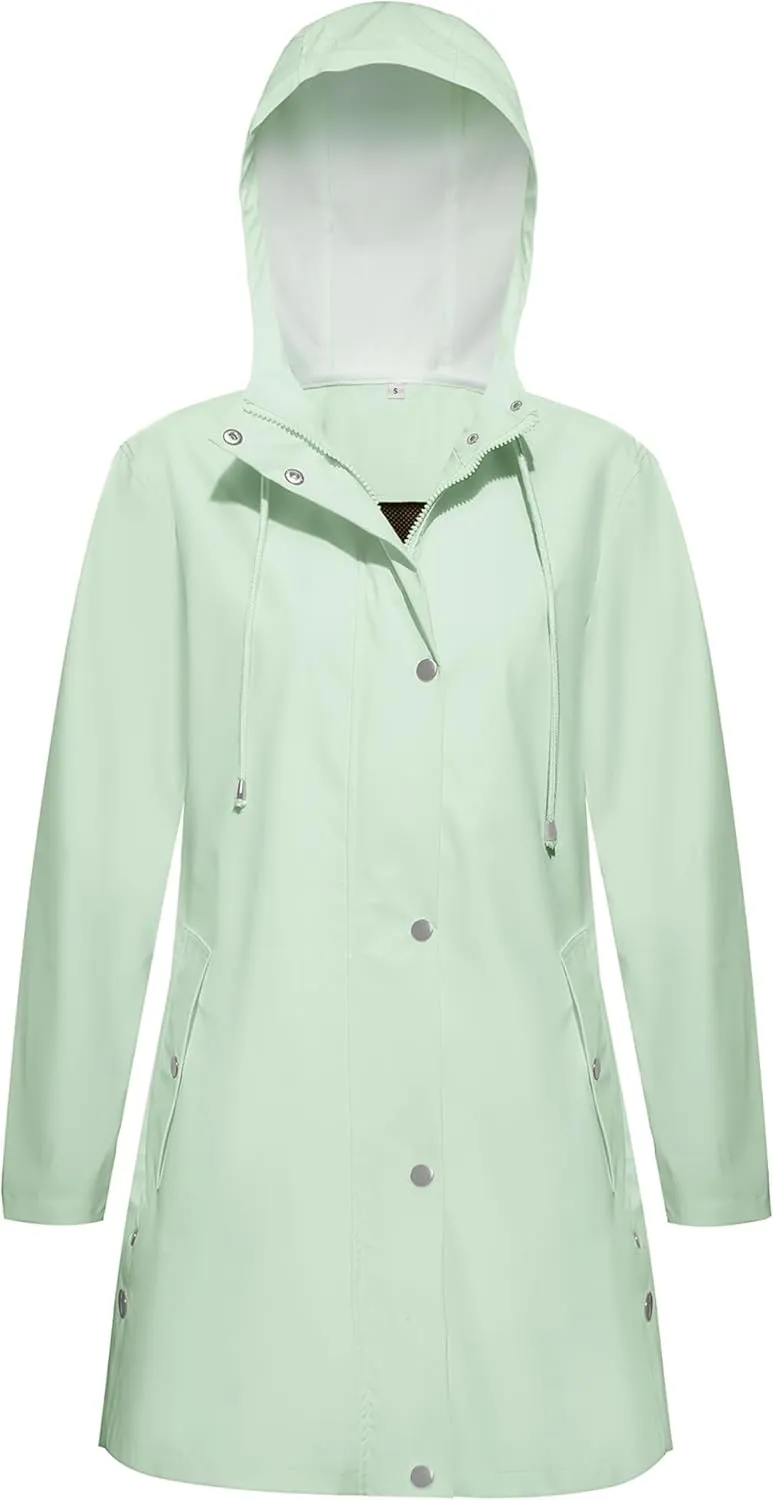 Rain Jacket Womens Waterproof with Hood, Long Rain Coat Windproof Windbreaker Outdoor Rain Trench Coat S-XXL