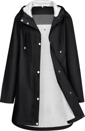 Rain Jacket Womens Waterproof with Hood, Long Rain Coat Windproof Windbreaker Outdoor Rain Trench Coat S-XXL