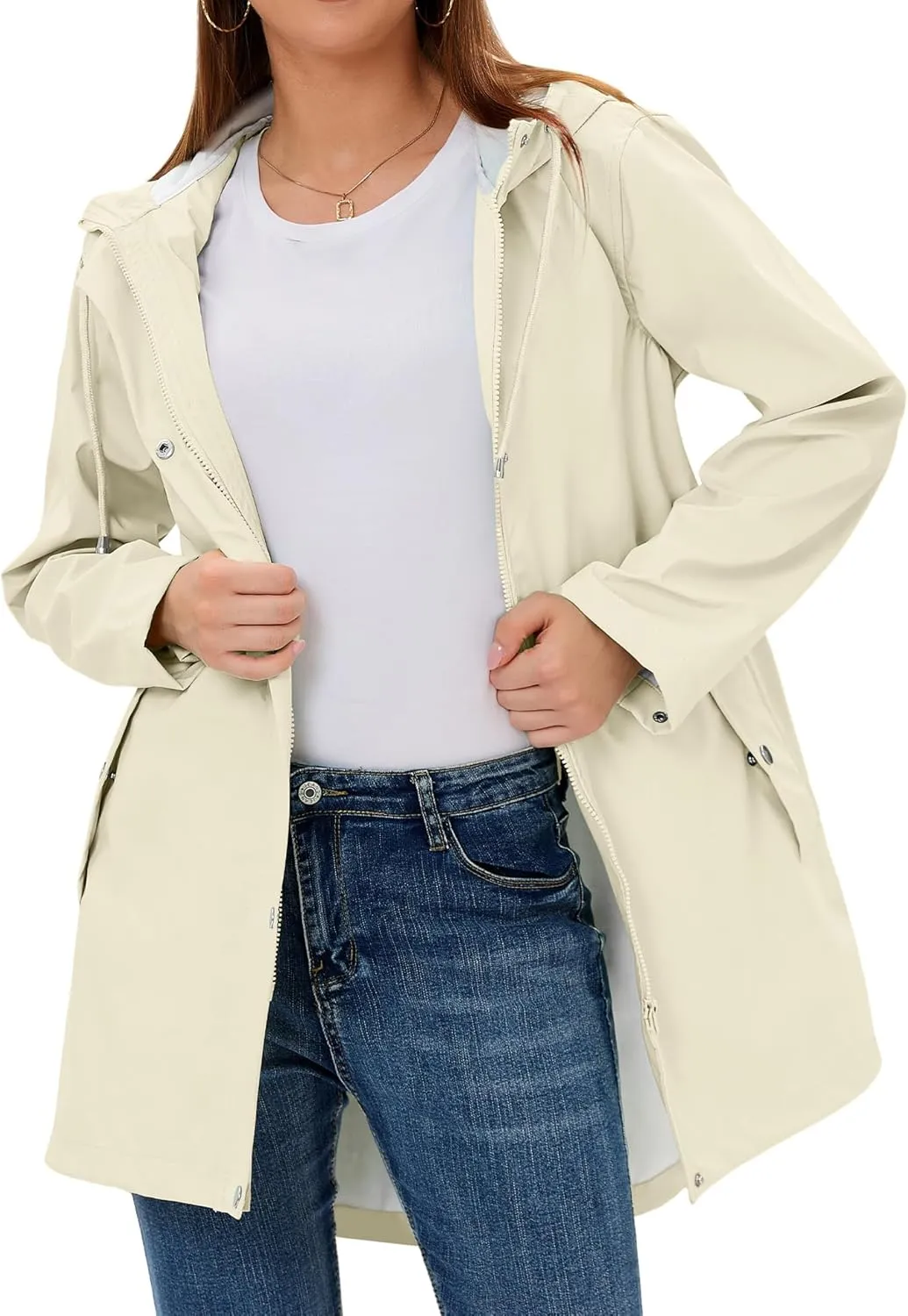 Rain Jacket Womens Waterproof with Hood, Long Rain Coat Windproof Windbreaker Outdoor Rain Trench Coat S-XXL
