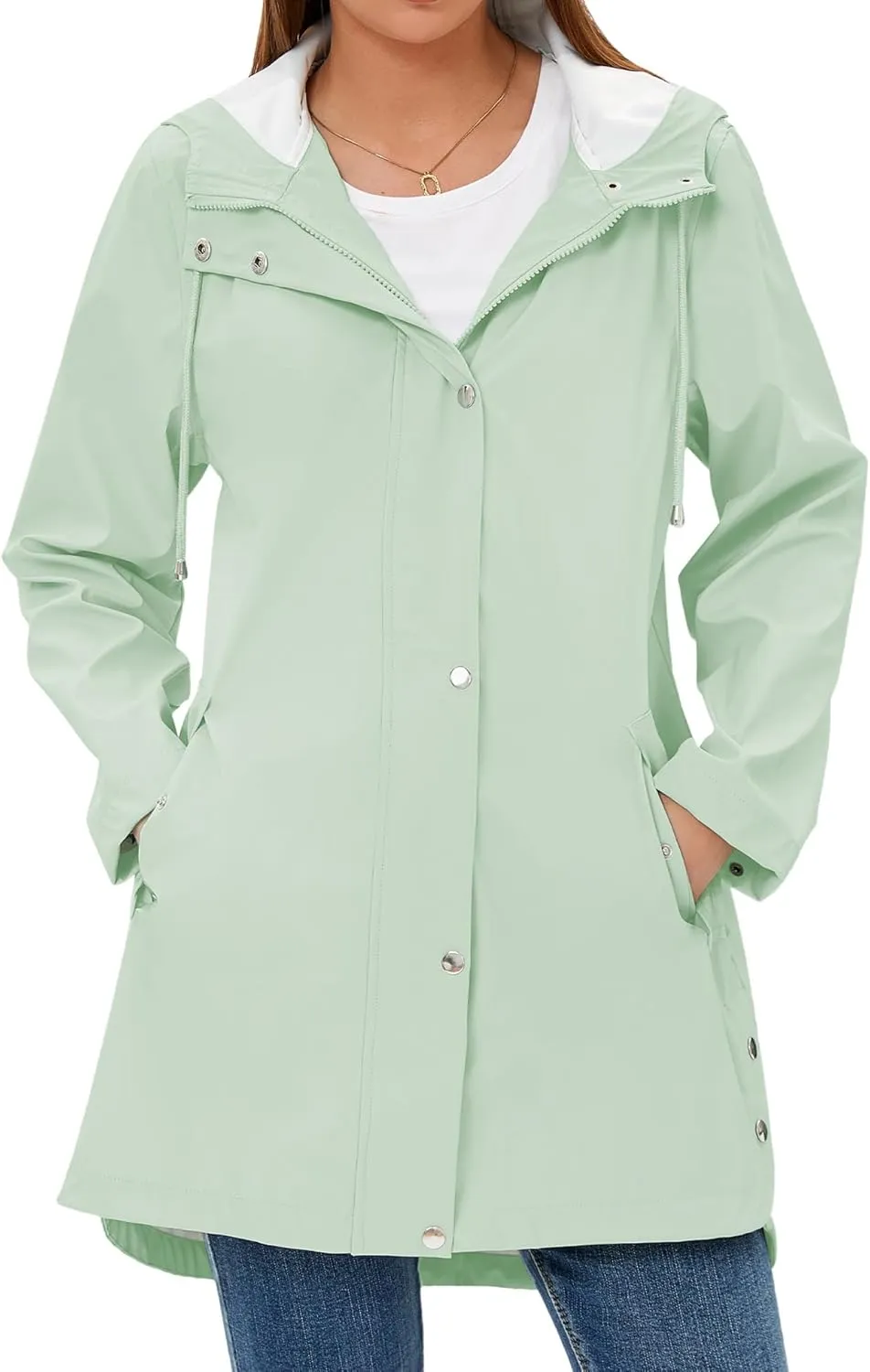 Rain Jacket Womens Waterproof with Hood, Long Rain Coat Windproof Windbreaker Outdoor Rain Trench Coat S-XXL