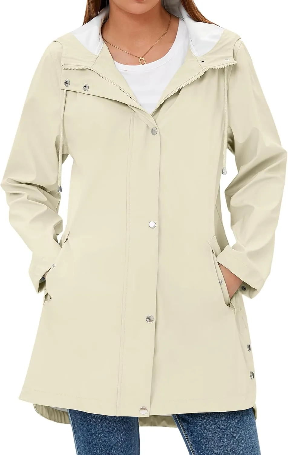 Rain Jacket Womens Waterproof with Hood, Long Rain Coat Windproof Windbreaker Outdoor Rain Trench Coat S-XXL