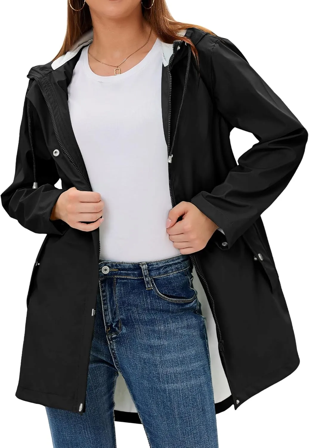 Rain Jacket Womens Waterproof with Hood, Long Rain Coat Windproof Windbreaker Outdoor Rain Trench Coat S-XXL