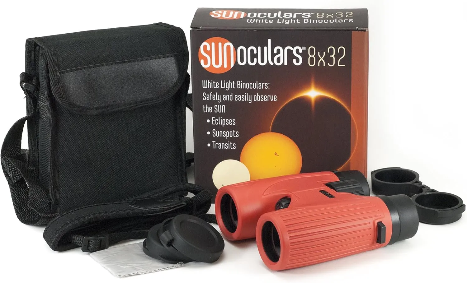 Red 8x32 Magnification Sunoculars, Compact & Portable White Light Solar Binoculars for Teens & Adults, Safe Solar Viewing, Observing Sunspots, Eclipses, and Planetary Transits