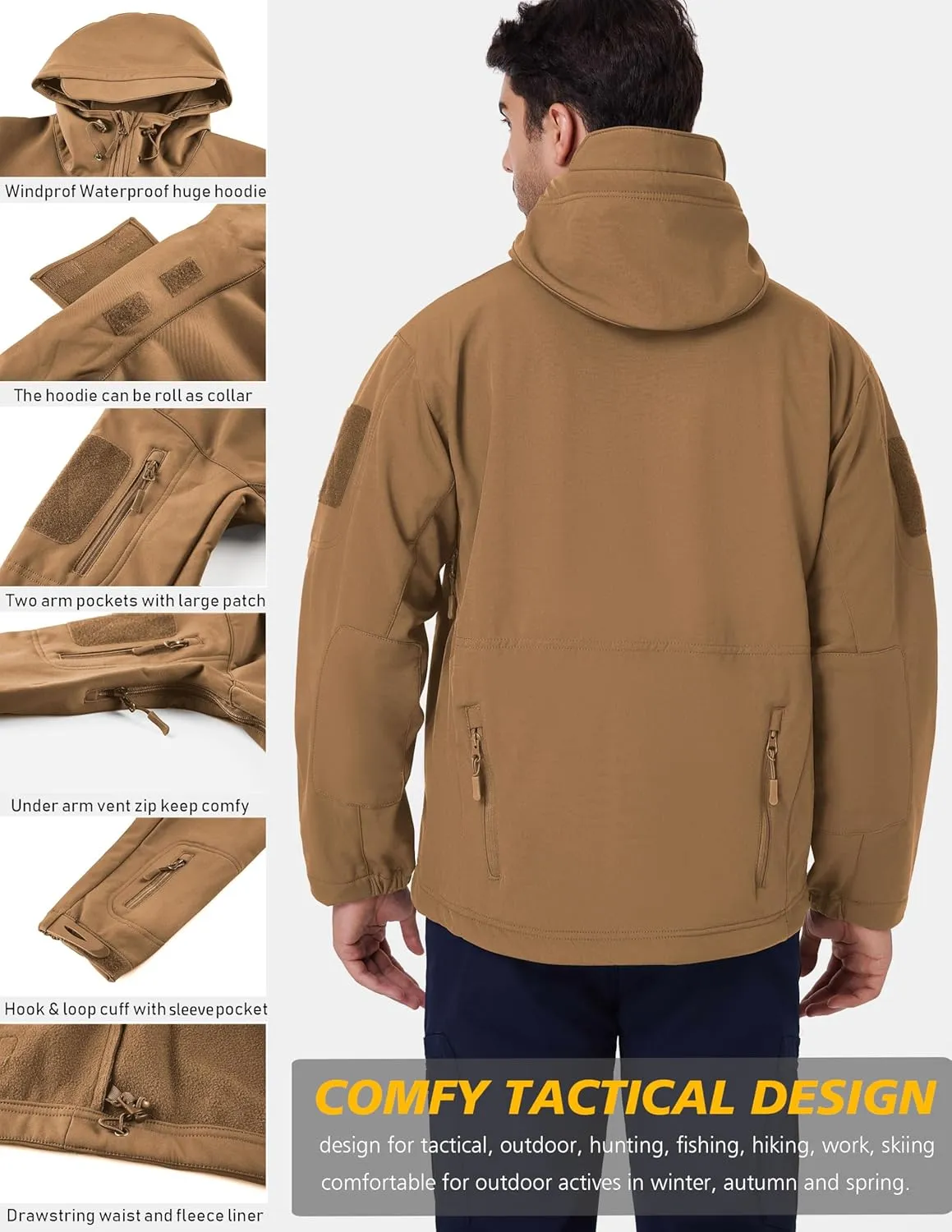 ReFire Gear Men's Army Special Ops Military Tactical Jacket Softshell Fleece Hooded Outdoor Coat