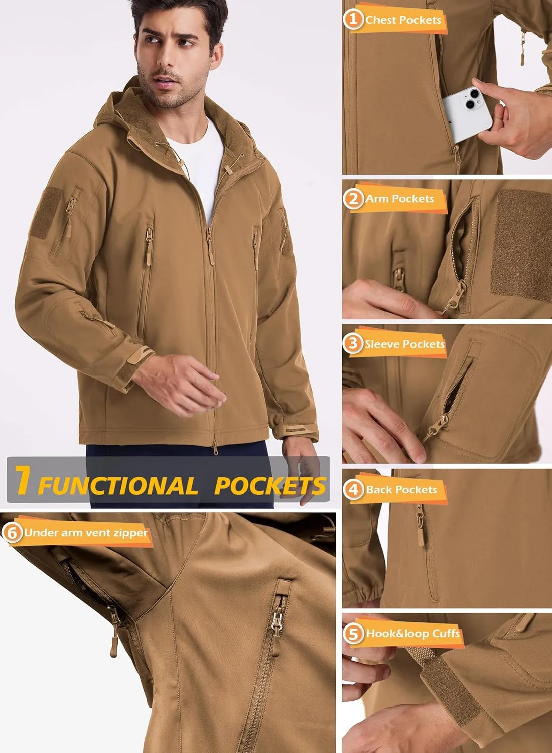 ReFire Gear Men's Army Special Ops Military Tactical Jacket Softshell Fleece Hooded Outdoor Coat