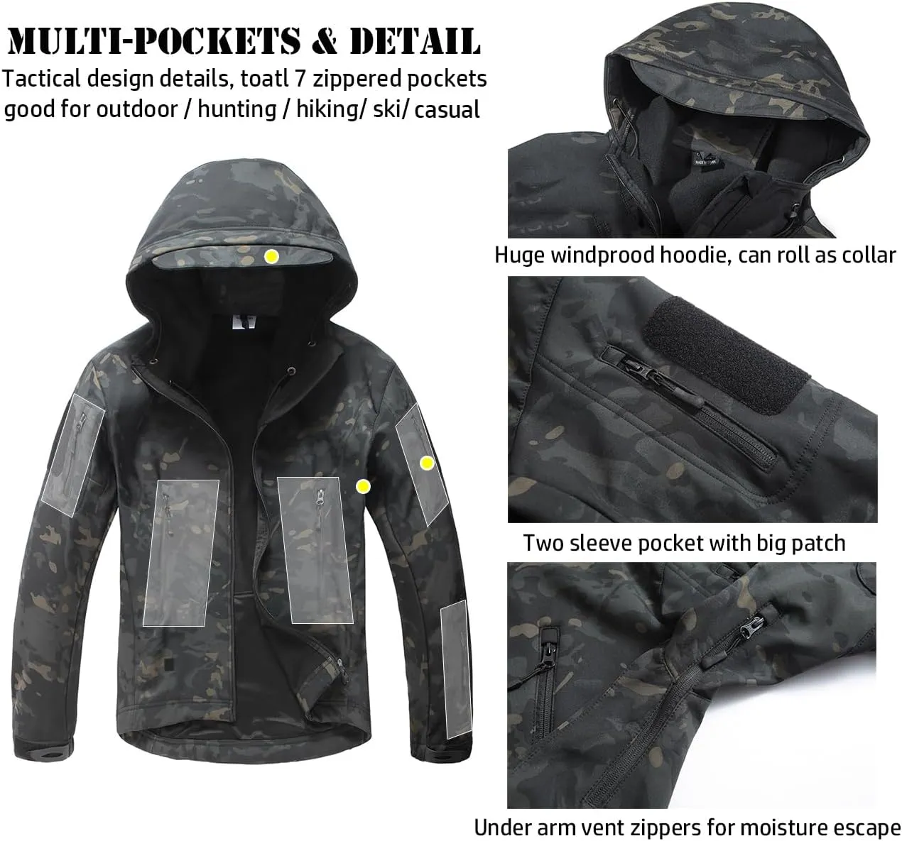 ReFire Gear Men's Soft Shell Military Tactical Jacket Outdoor Camouflage Hunting Fleece Hooded Coat