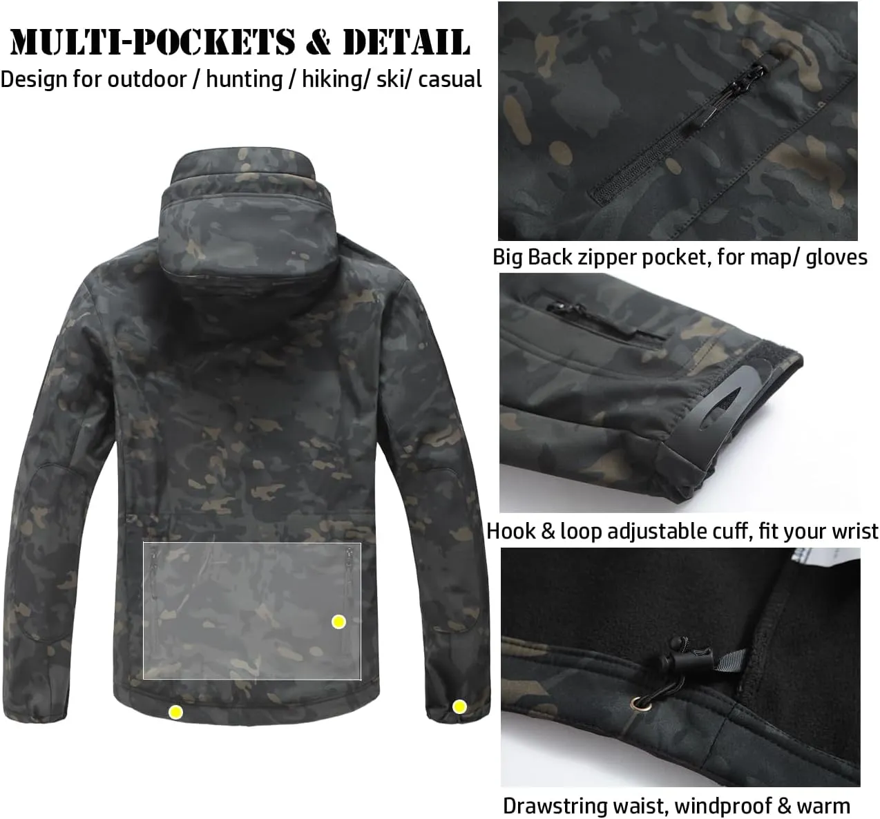 ReFire Gear Men's Soft Shell Military Tactical Jacket Outdoor Camouflage Hunting Fleece Hooded Coat