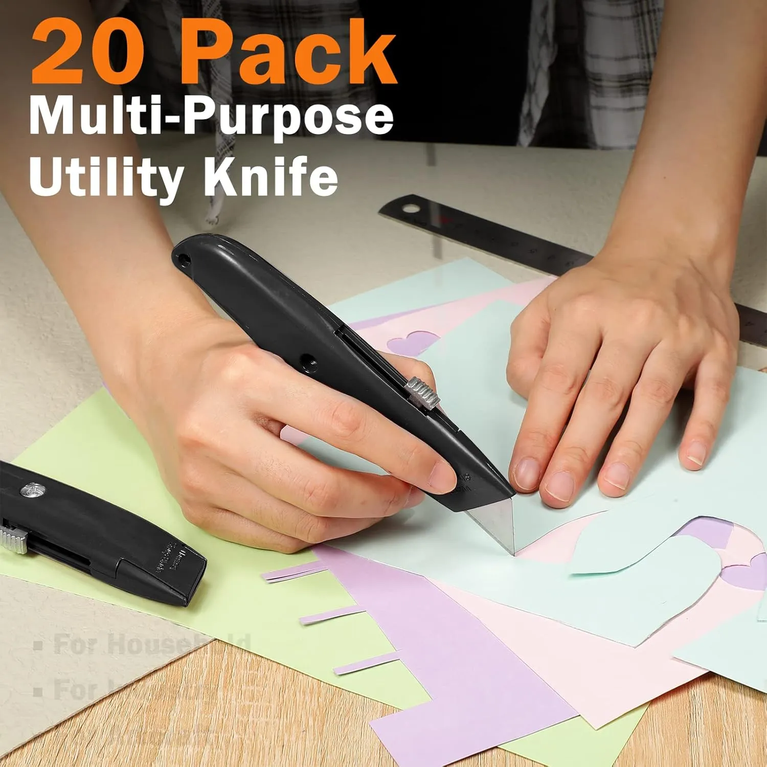 Reginary 20 Pcs Box Cutter Bulk Retractable Utility Knife Heavy Duty Aluminum Alloy Razor Knife for Cardboard Box Carton Opener for DIY, Factory, Home Office(Black)