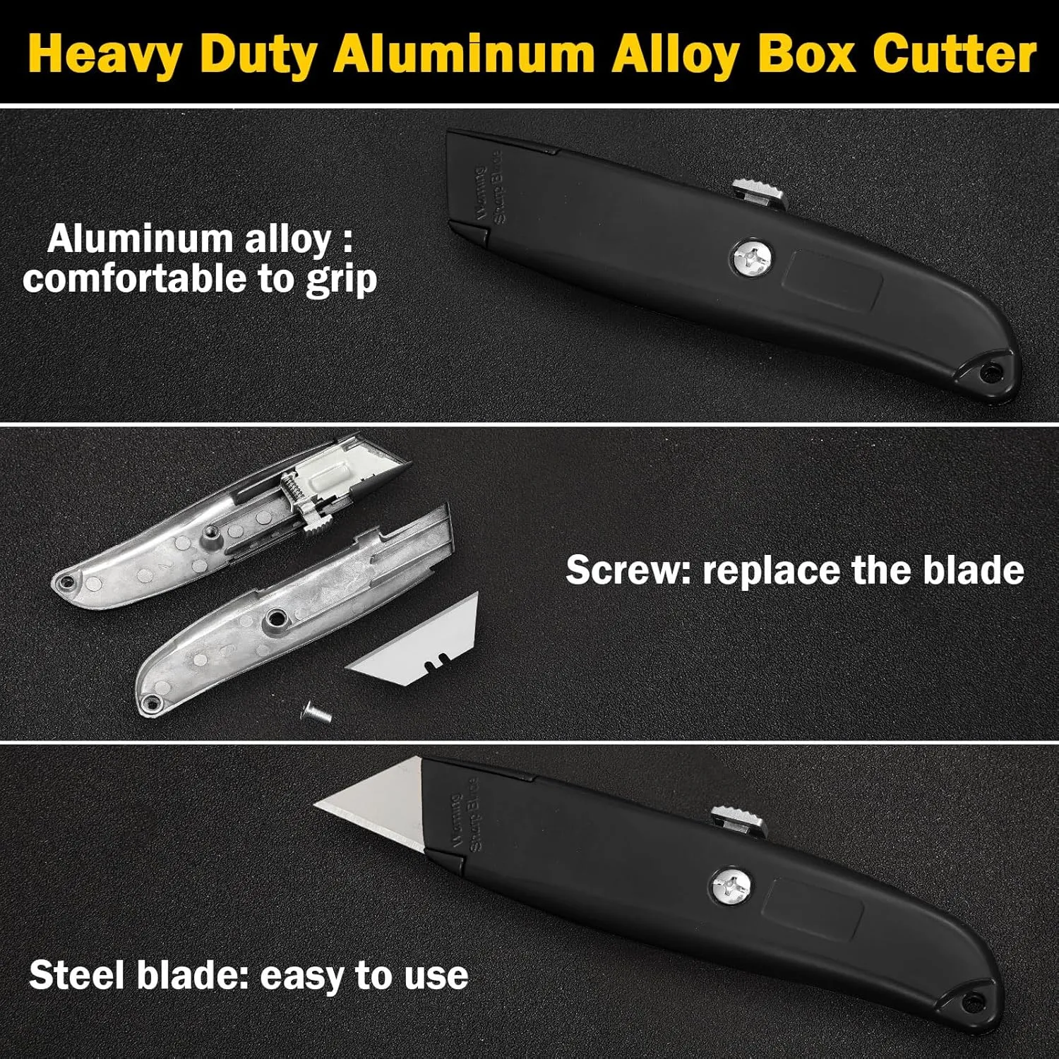 Reginary 20 Pcs Box Cutter Bulk Retractable Utility Knife Heavy Duty Aluminum Alloy Razor Knife for Cardboard Box Carton Opener for DIY, Factory, Home Office(Black)
