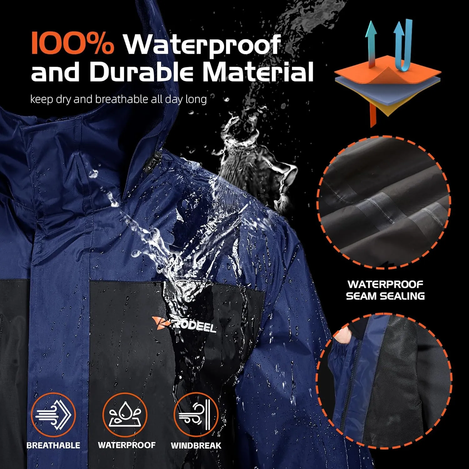 Rodeel Waterproof Fishing Rain Suit for Men (Rain gear Jacket & Trouser Suit)