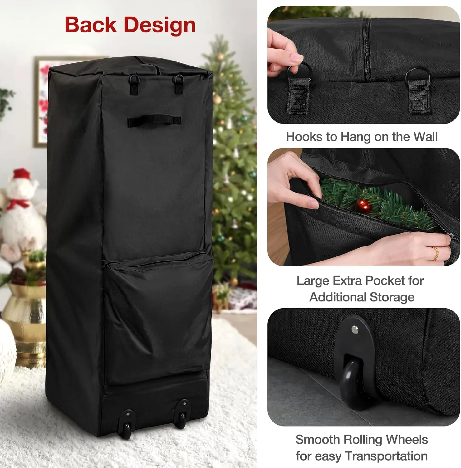 Rolling Christmas Tree Storage Bag - Storage for 9-Foot Christmas tree bag, Durable Handles and Wheels - Large Christmas Tree Box Heavy Duty Xmas Storage Container (Black, 9FT)