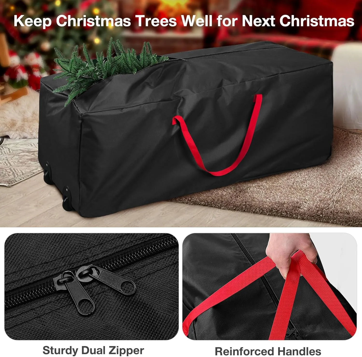 Rolling Christmas Tree Storage Bag - Storage for 9-Foot Christmas tree bag, Durable Handles and Wheels - Large Christmas Tree Box Heavy Duty Xmas Storage Container (Black, 9FT)