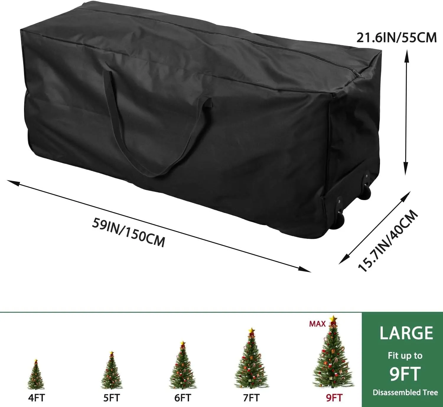 Rolling Christmas Tree Storage Bag - Storage for 9-Foot Christmas tree bag, Durable Handles and Wheels - Large Christmas Tree Box Heavy Duty Xmas Storage Container (Black, 9FT)