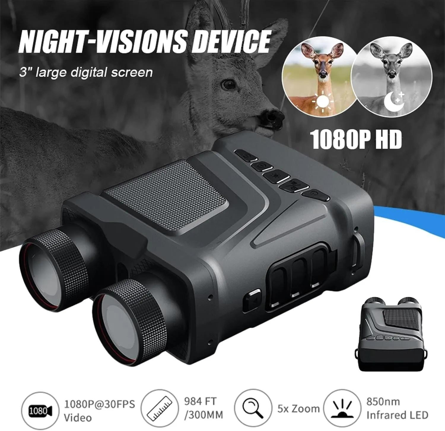 RSBFER Night Vision Binoculars Device, 1080P HD Hunting Camping Telescope, 850nm Infrared 5X Digital Zoom Photo Video Record