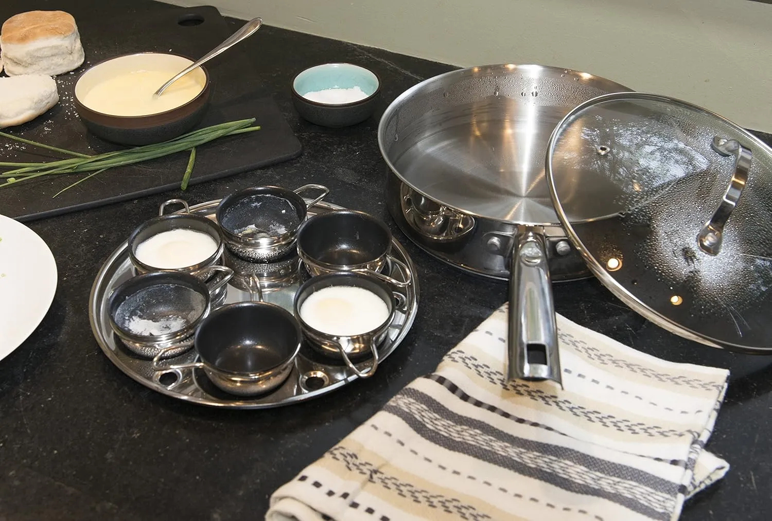 RSVP International Endurance® Egg Poacher Set for 6 Eggs | Glass Lid with Steam Vent | Perfectly Poached Eggs | Includes Non-Stick Poaching Insert | Dishwasher Safe