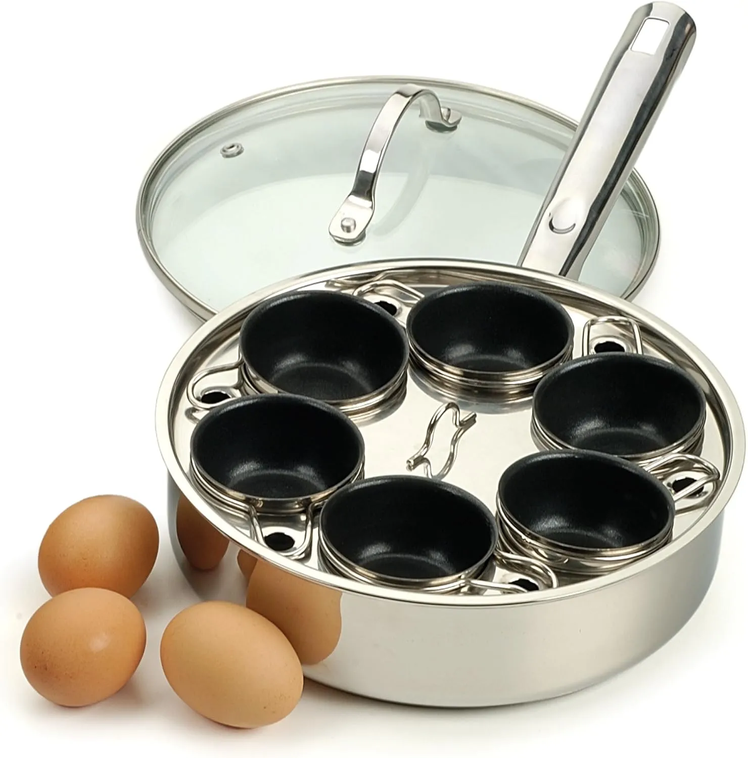 RSVP International Endurance® Egg Poacher Set for 6 Eggs | Glass Lid with Steam Vent | Perfectly Poached Eggs | Includes Non-Stick Poaching Insert | Dishwasher Safe