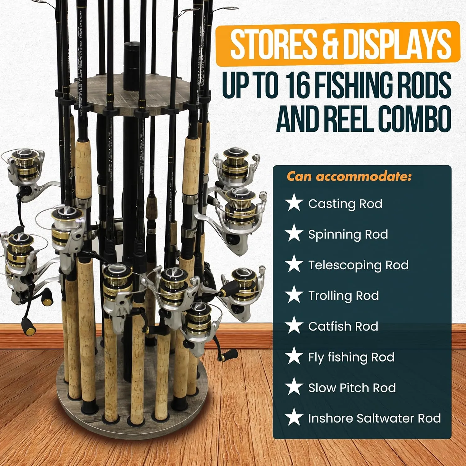 Rush Creek Creations | Round Spinning Fishing Rod Holder for 16 Freshwater Fishing Poles, Fishing Gear, and Fishing Accessories | Fishing Rod Rack with 16 Fishing Rod Clips for Garage Organization