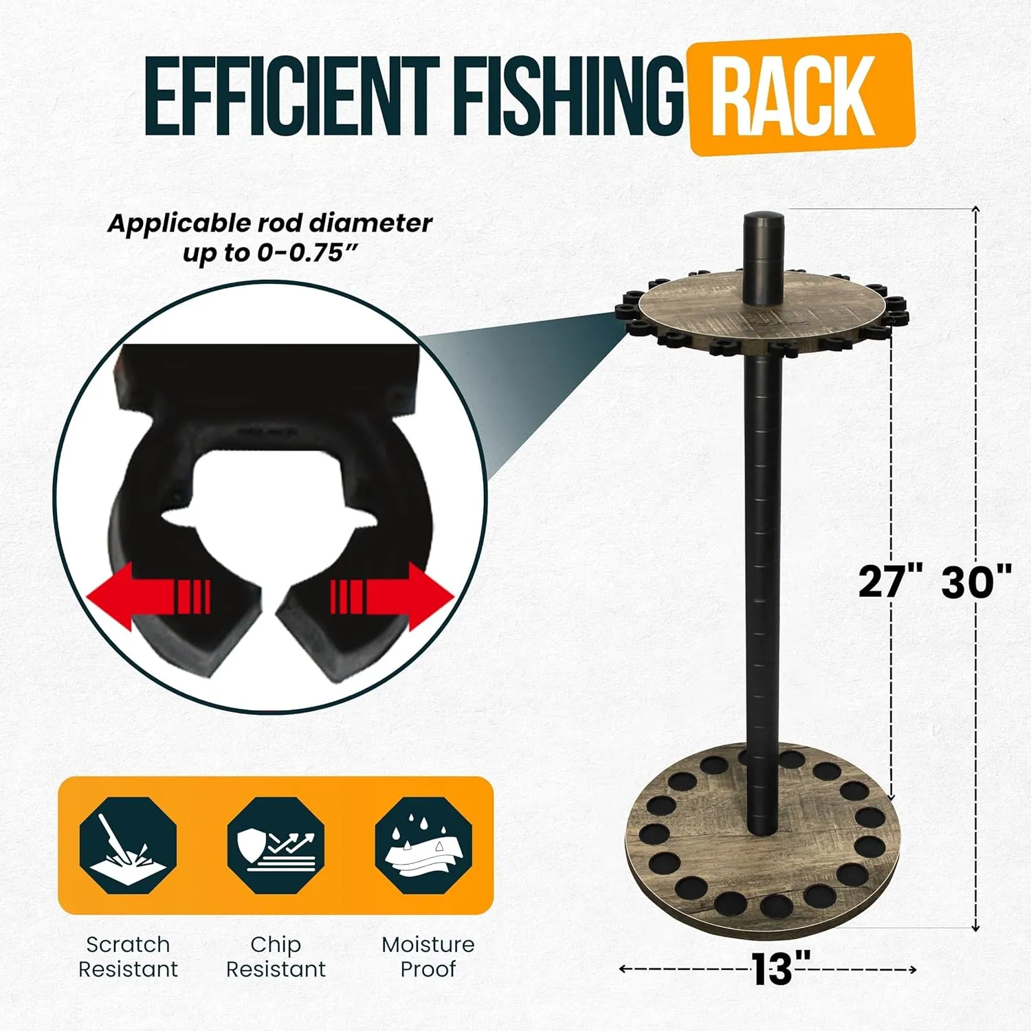 Rush Creek Creations | Round Spinning Fishing Rod Holder for 16 Freshwater Fishing Poles, Fishing Gear, and Fishing Accessories | Fishing Rod Rack with 16 Fishing Rod Clips for Garage Organization