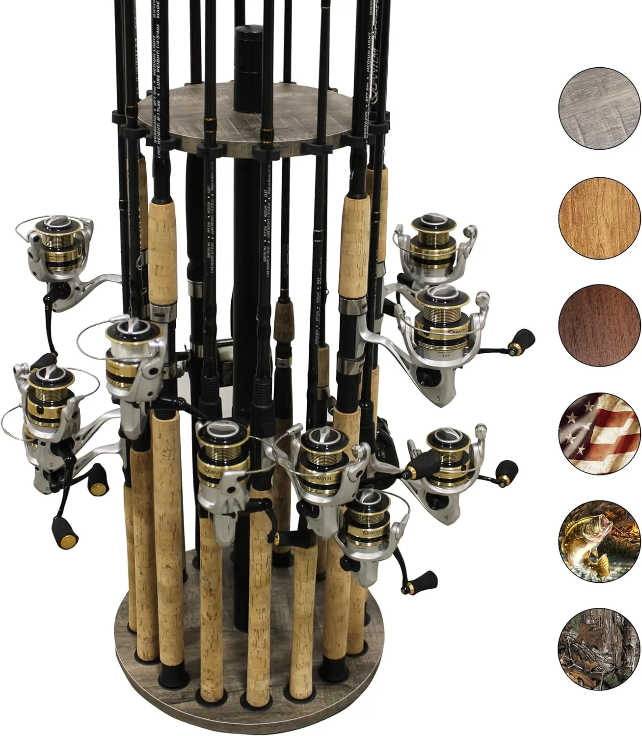 Rush Creek Creations | Round Spinning Fishing Rod Holder for 16 Freshwater Fishing Poles, Fishing Gear, and Fishing Accessories | Fishing Rod Rack with 16 Fishing Rod Clips for Garage Organization