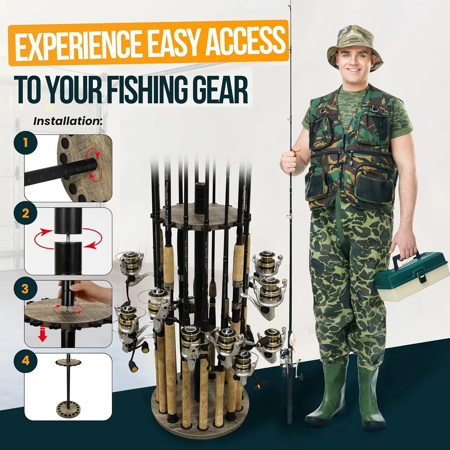 Rush Creek Creations | Round Spinning Fishing Rod Holder for 16 Freshwater Fishing Poles, Fishing Gear, and Fishing Accessories | Fishing Rod Rack with 16 Fishing Rod Clips for Garage Organization