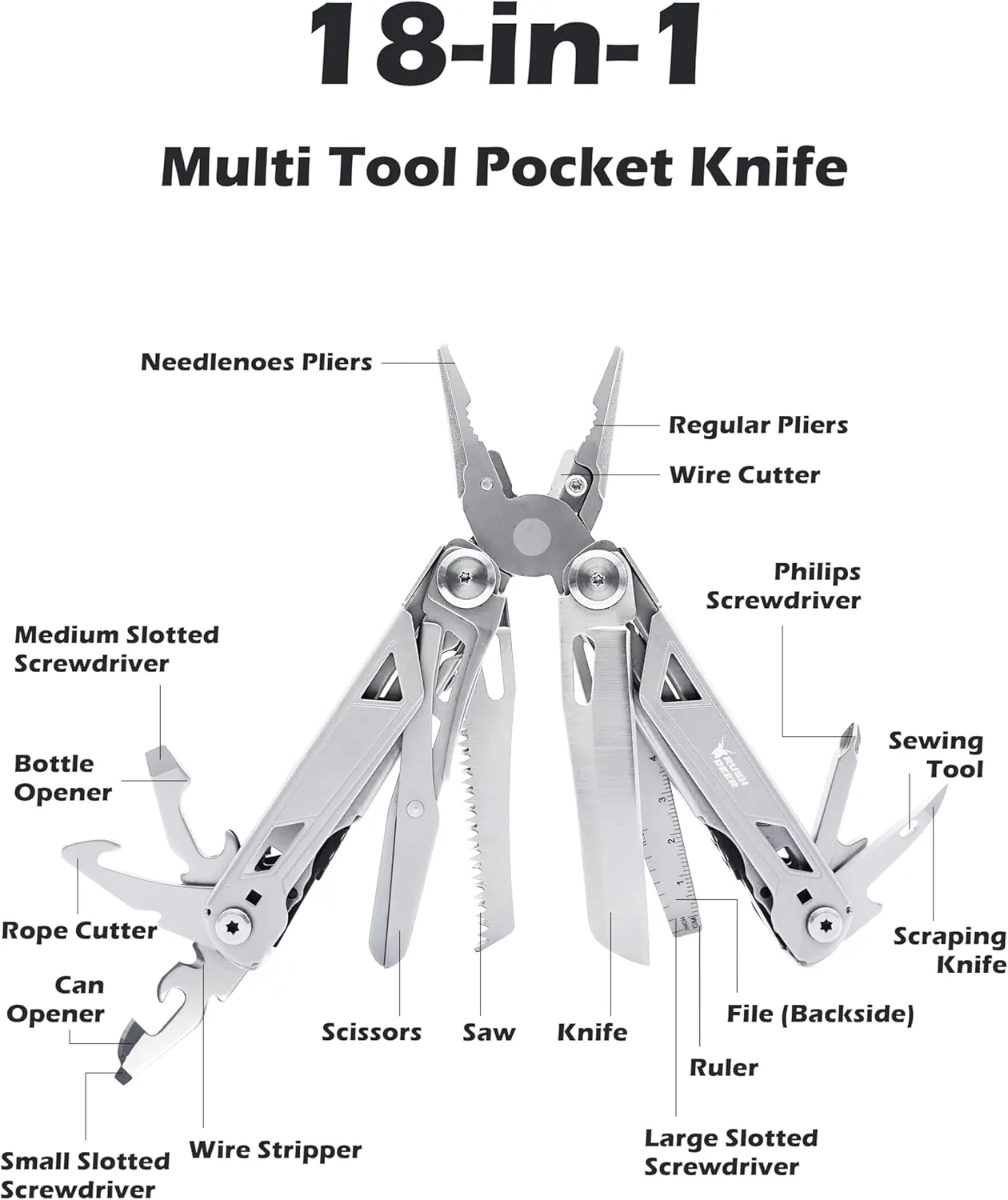 RUSH DEER Multi-Tool 18-in-1 Essential Survival Tools and Multitools Plier- Versatile Camping Tool Kit-Gift for Men-ultimate versatile toolkit For DIY, Outdoor (Sliver)