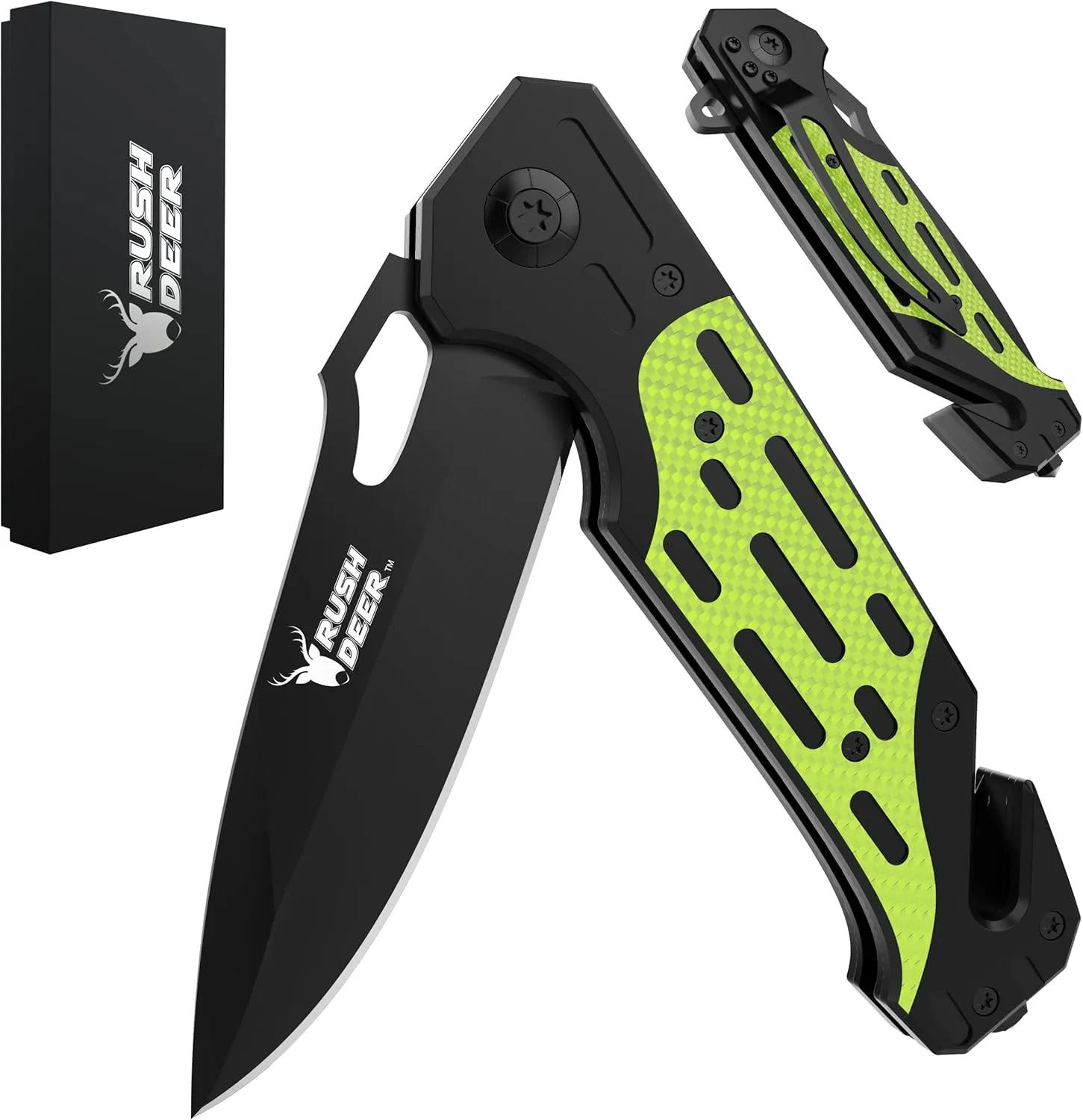 Rush Deer Pocket Knife, Folding Knife with Clip, Glass Breaker, Seat belt Cutter. Unique Fathers Day Gift for Dad. Cool Small EDC Knife for Survival Hiking etc. Gifts for Men Women