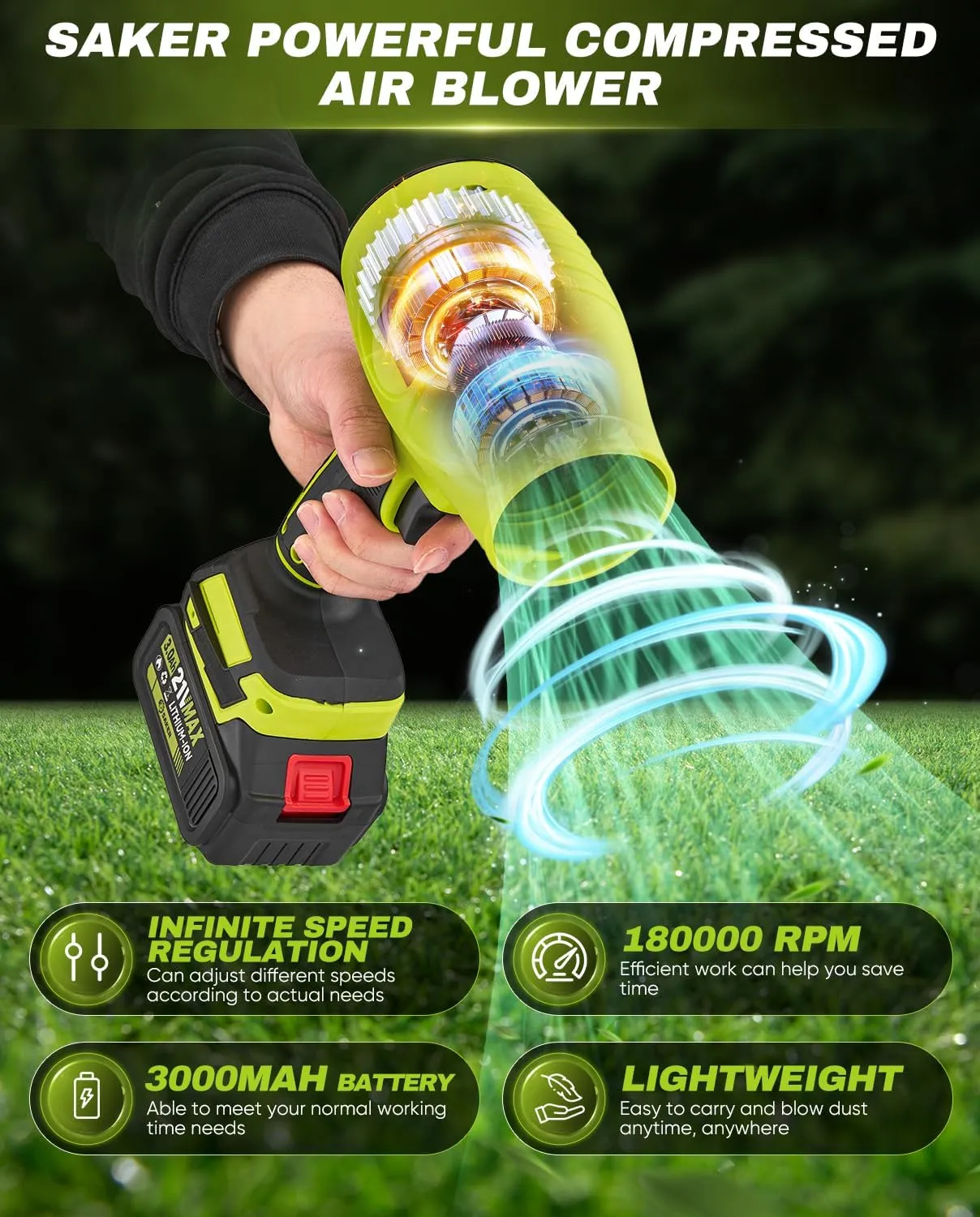 Saker Cordless Leaf Blower Portable Dust Cleaner Handheld Turbo Jet Blower 180000 RPM Air Duster with Adjustable Speed for Drying Patio Cleaning 2 Batteries Green