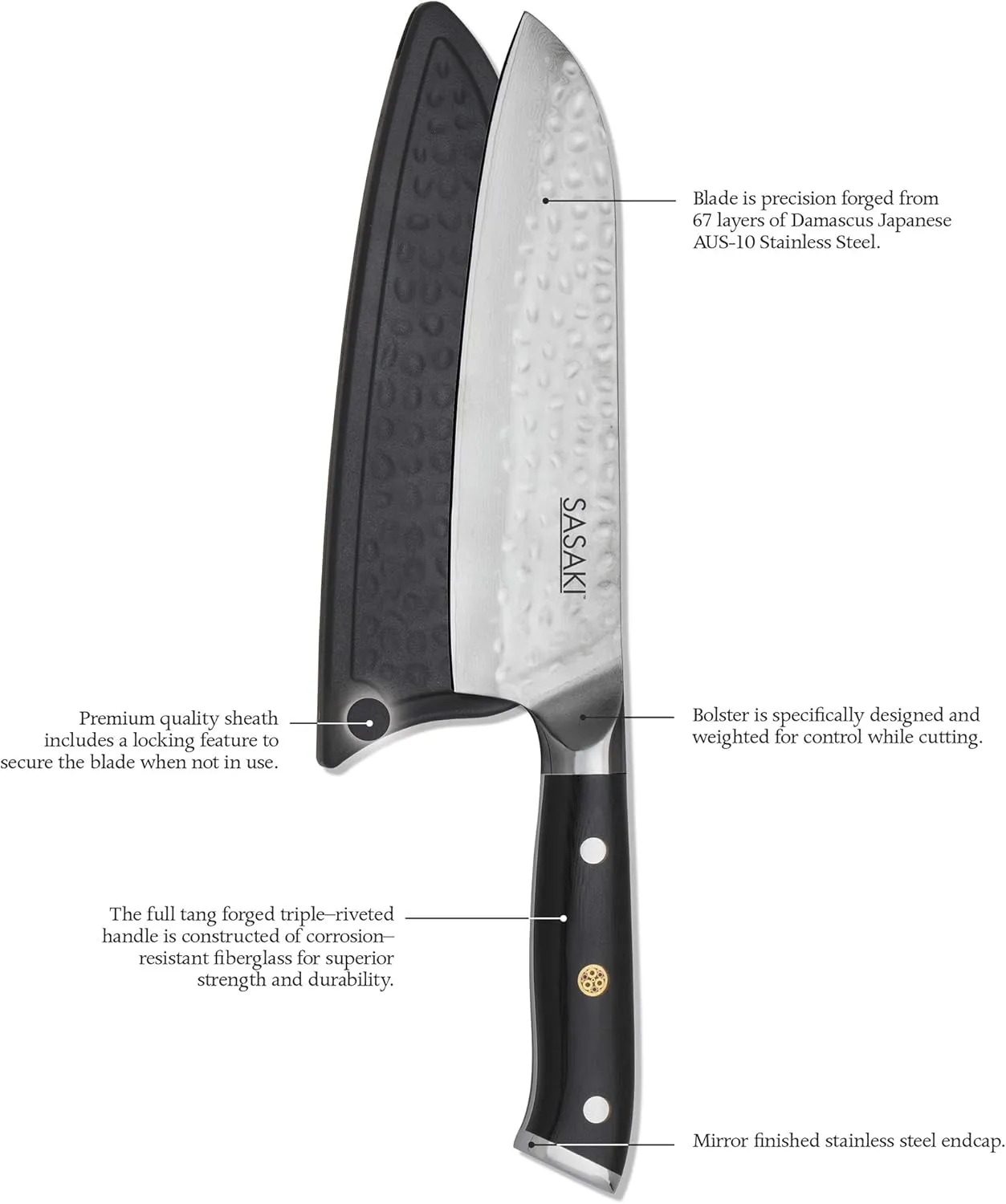 Sasaki Takumi Japanese AUS-10 Stainless Steel Santoku Knife with Locking Sheath, 7 inch, Black