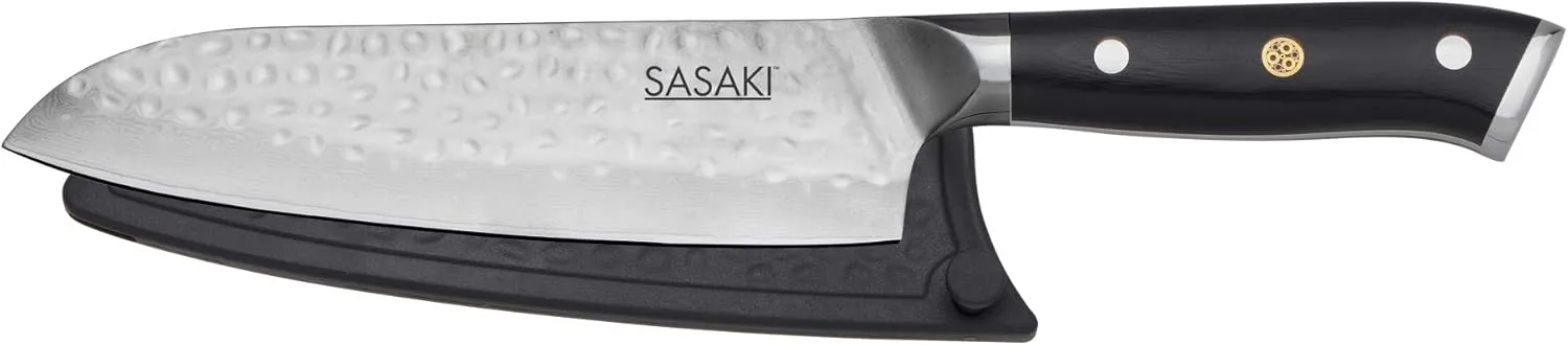 Sasaki Takumi Japanese AUS-10 Stainless Steel Santoku Knife with Locking Sheath, 7 inch, Black