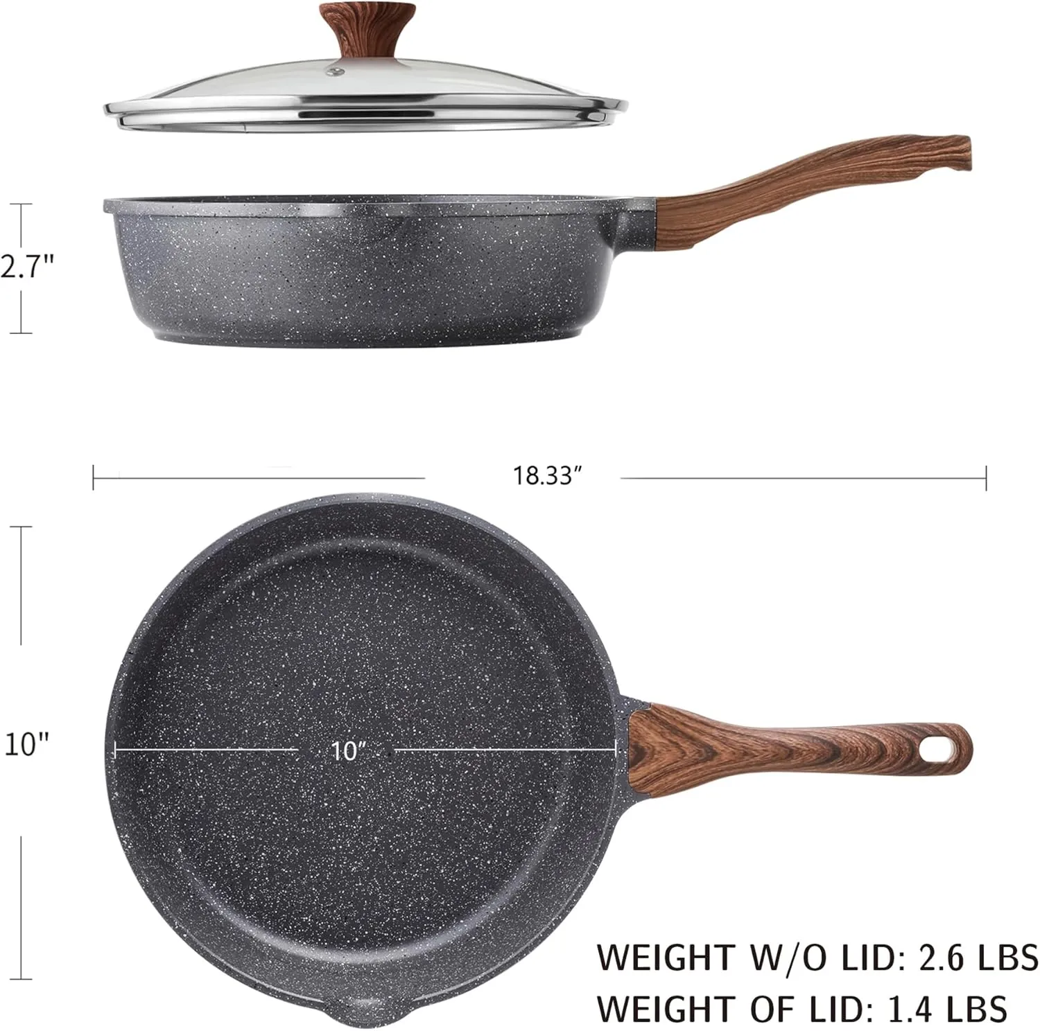 SENSARTE Nonstick Skillet, Deep Frying Pan 10/11/12-inch, Saute Pan with Lid, Stay-cool Handle, Healthy Stone Cookware Cooking Pan, Induction Compatible, PFOA Free (10-Inch/3.5QT)