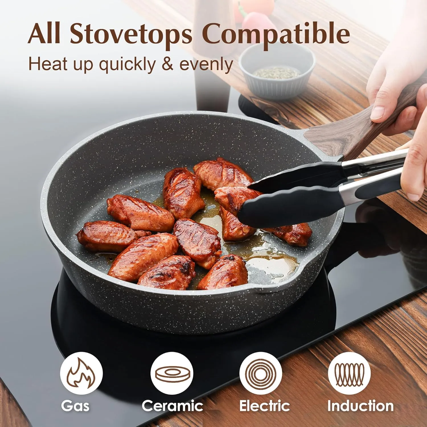 SENSARTE Nonstick Skillet, Deep Frying Pan 10/11/12-inch, Saute Pan with Lid, Stay-cool Handle, Healthy Stone Cookware Cooking Pan, Induction Compatible, PFOA Free (10-Inch/3.5QT)