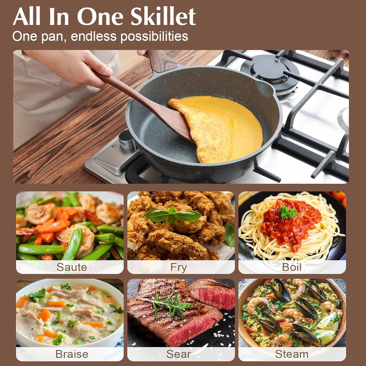 SENSARTE Nonstick Skillet, Deep Frying Pan 10/11/12-inch, Saute Pan with Lid, Stay-cool Handle, Healthy Stone Cookware Cooking Pan, Induction Compatible, PFOA Free (10-Inch/3.5QT)