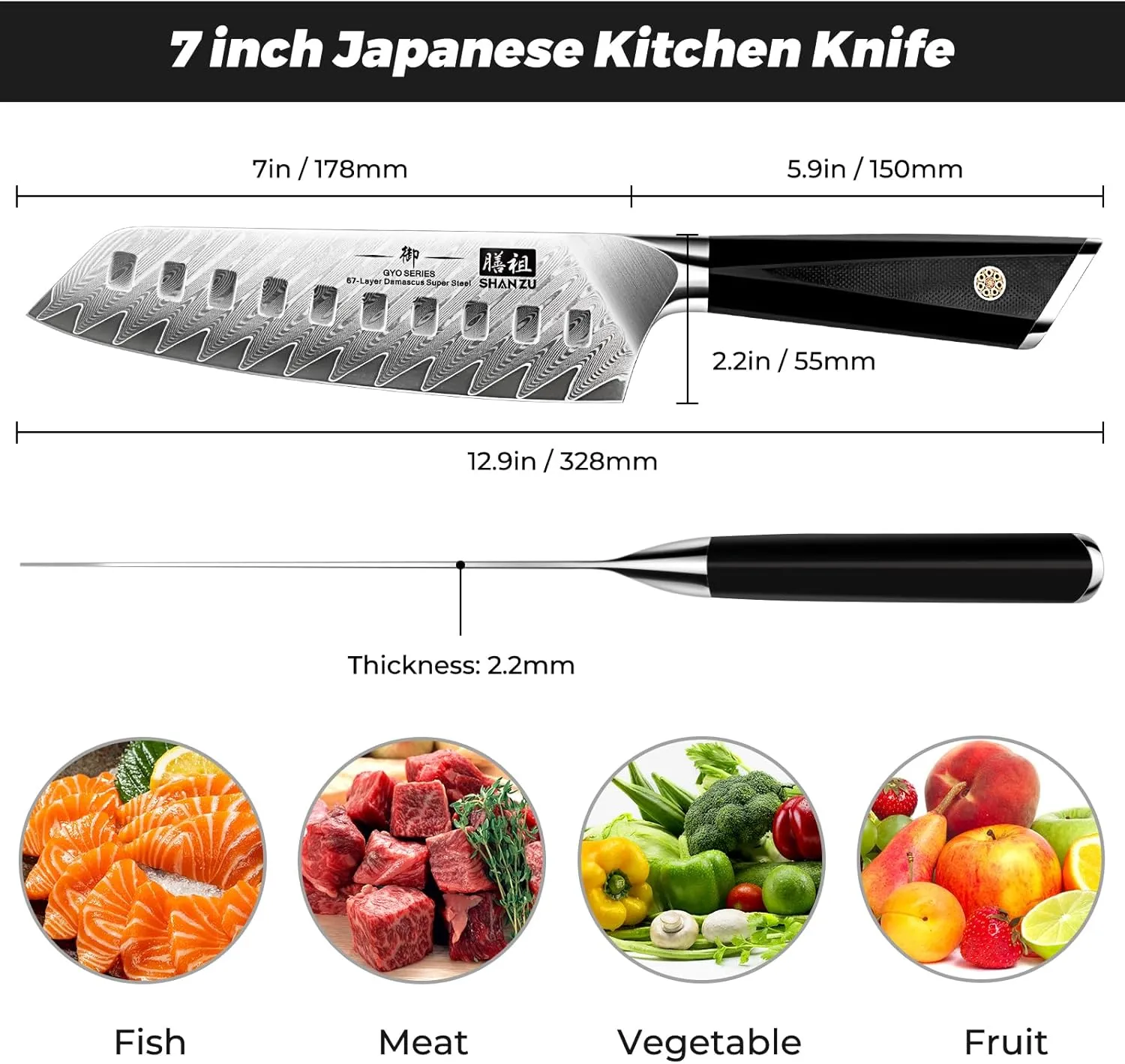 SHAN ZU Damascus Chef Knife Santoku Knife 7 Inch Professional Multifunction Kitchen Knives, 67 Layers Damascus Stainless Steel 10Cr15CoMoV Super Sharp Cooking Knife with G10 Handle/Gift Box