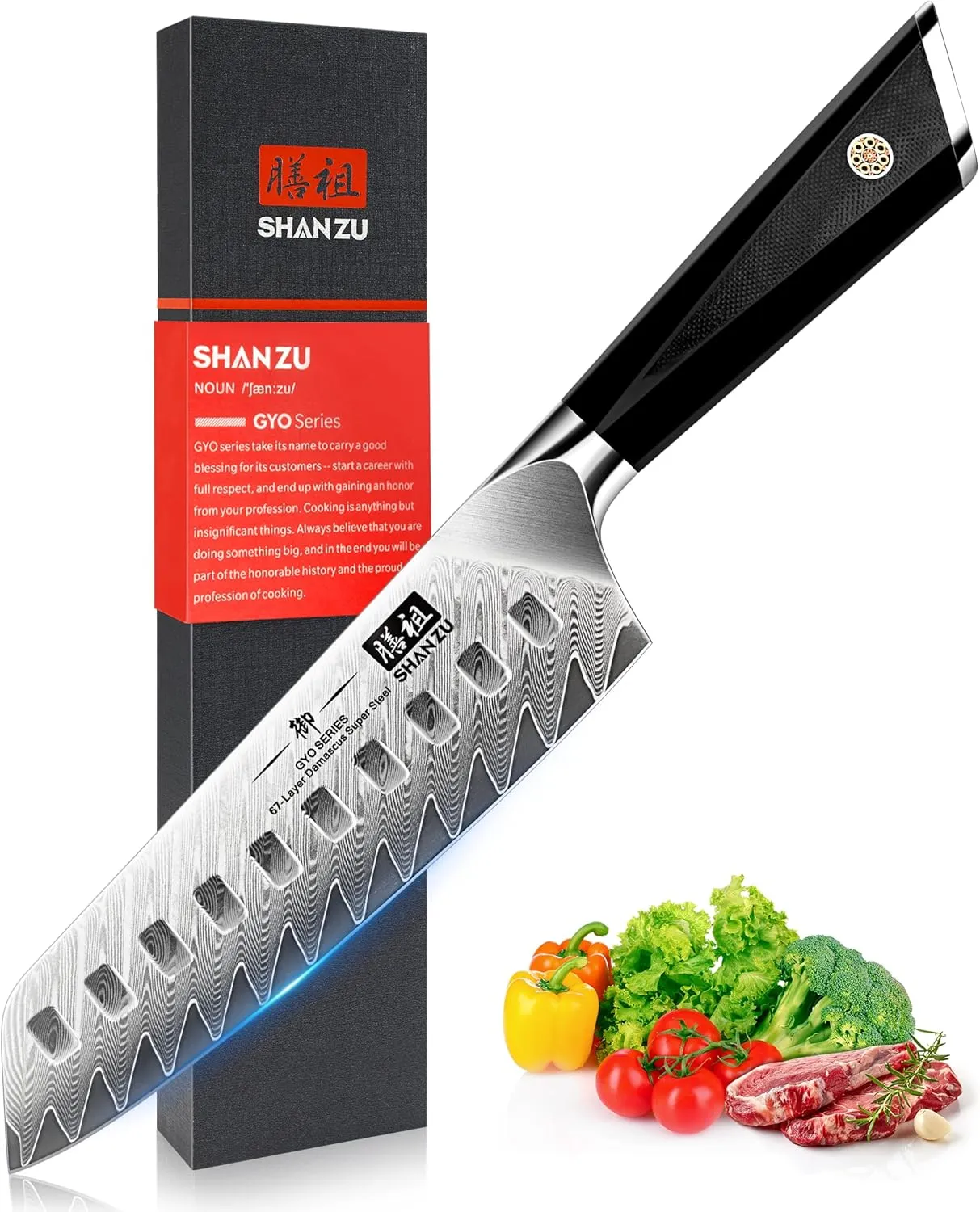 SHAN ZU Damascus Chef Knife Santoku Knife 7 Inch Professional Multifunction Kitchen Knives, 67 Layers Damascus Stainless Steel 10Cr15CoMoV Super Sharp Cooking Knife with G10 Handle/Gift Box