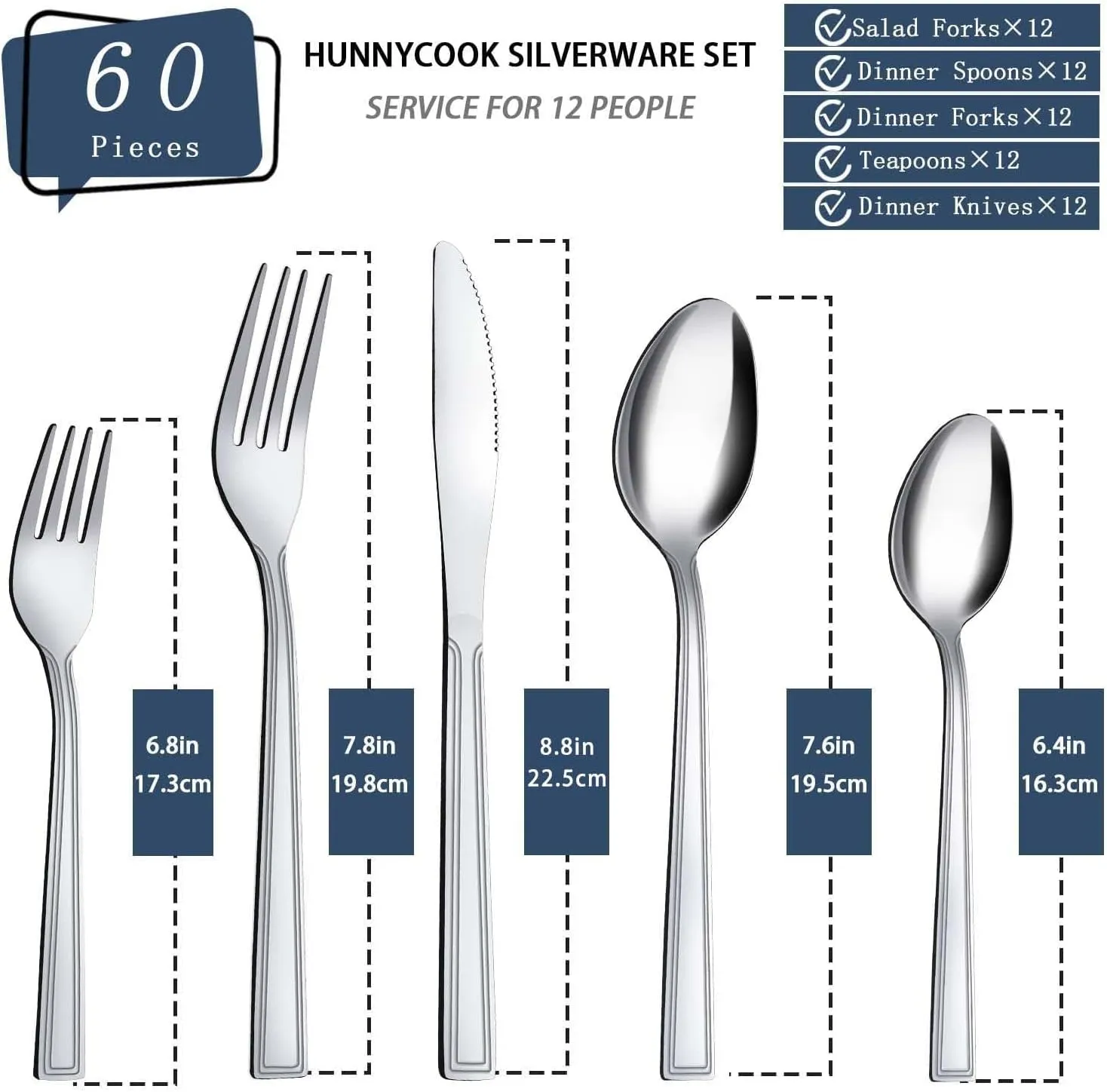 Silverware Set, Hunnycook 60-piece Silverware Set for 12, Stainless Steel Flatware Set, Include Fork Knife Spoon Set, Mirror Polished, Dishwasher Safe, Cutlery Set for Home Kitchen Restaurant