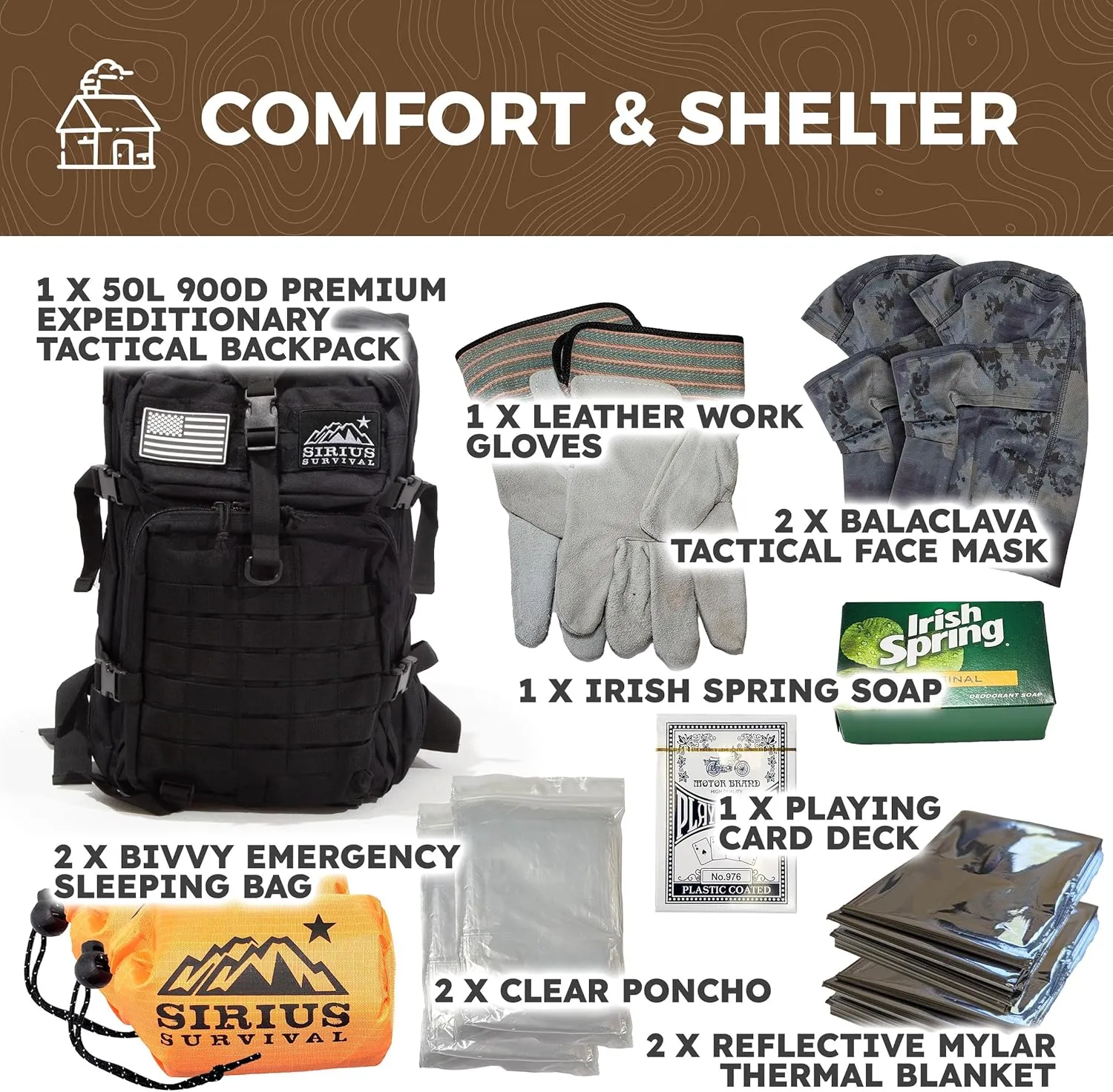 Sirius: Pre-Packed Bug Out Bag - 72 Hour Kit for 2 People - Bugout Backpack Survival Kit - Premium 50L Go Bag Tactical Backpack - Essential Bug Out Gear - Upgraded Survival Backpack
