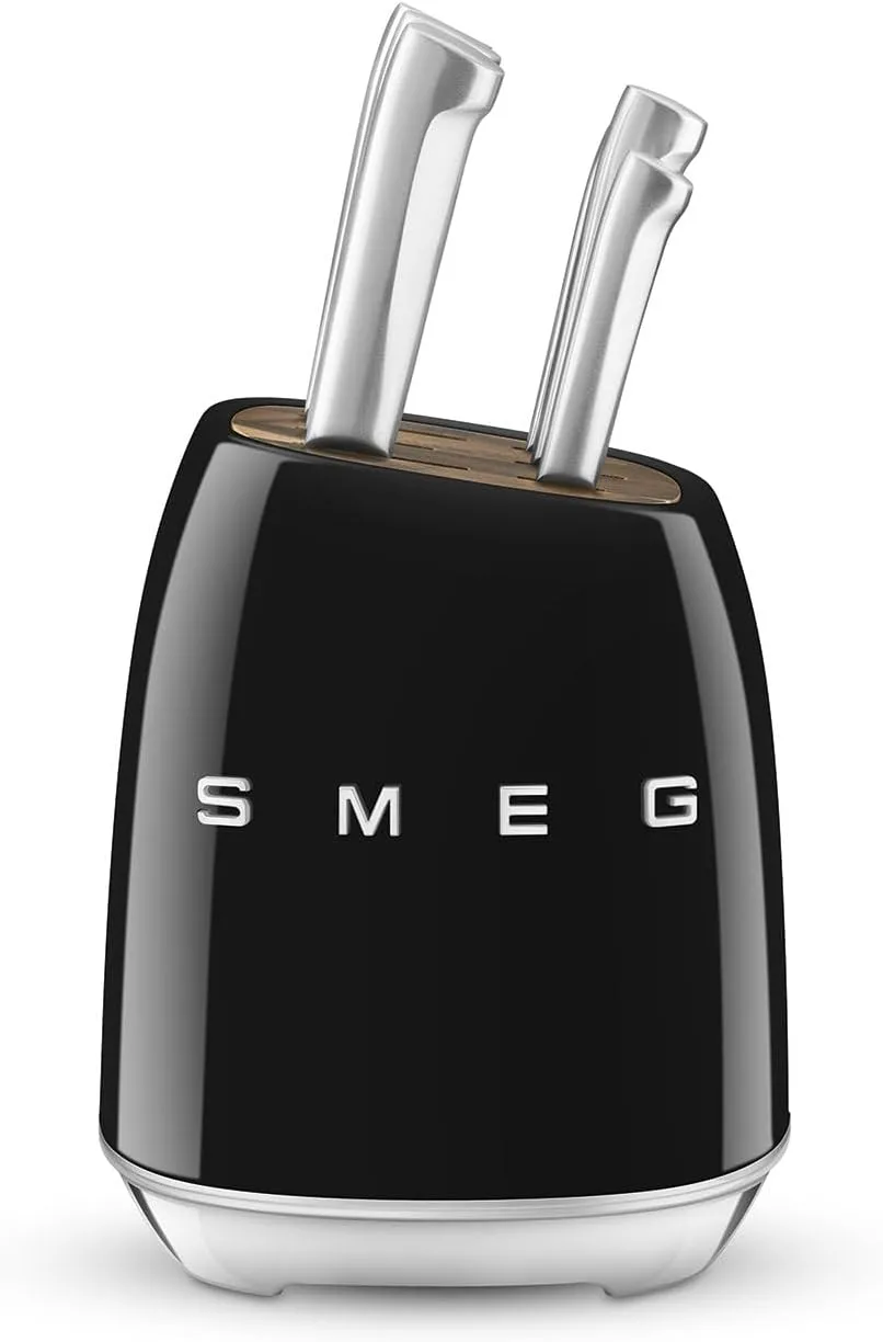 Smeg, Knife Block, KBSF02BL, 6 Knives Included Stainless Steel, Stainless Steel Block Body and Knife Slot in Acacia Wood, Black