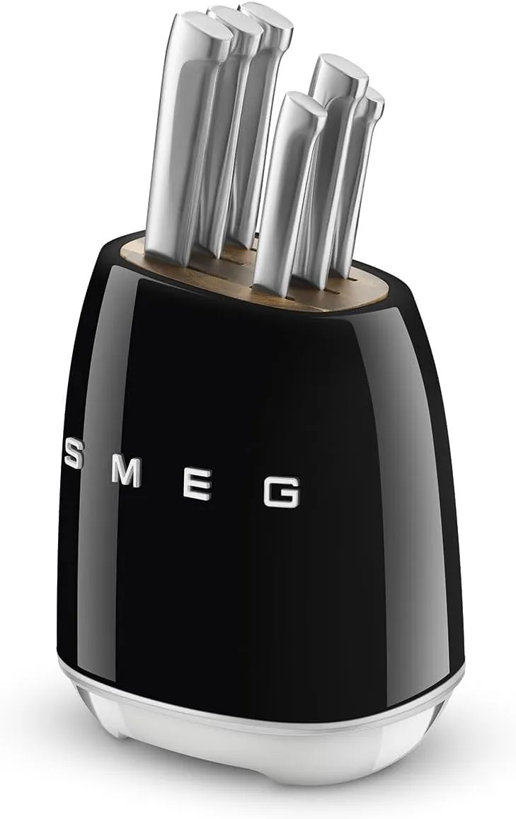 Smeg, Knife Block, KBSF02BL, 6 Knives Included Stainless Steel, Stainless Steel Block Body and Knife Slot in Acacia Wood, Black