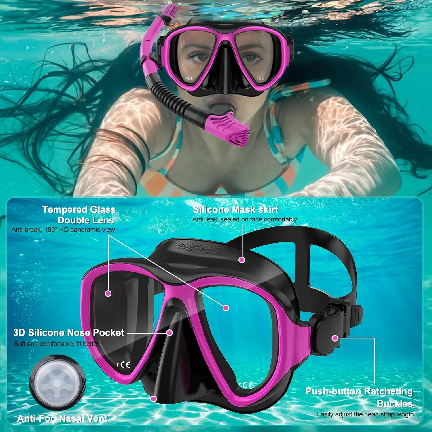 Snorkeling Gear for Adults, Dry Top Snorkel Mask Set 2 Pack Scuba Diving Mask Snorkel Gear Anti Fog Snorkeling Packages Tempered Glass Panoramic View Nose Cover