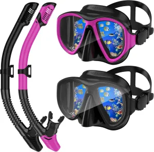 Snorkeling Gear for Adults, Dry Top Snorkel Mask Set 2 Pack Scuba Diving Mask Snorkel Gear Anti Fog Snorkeling Packages Tempered Glass Panoramic View Nose Cover