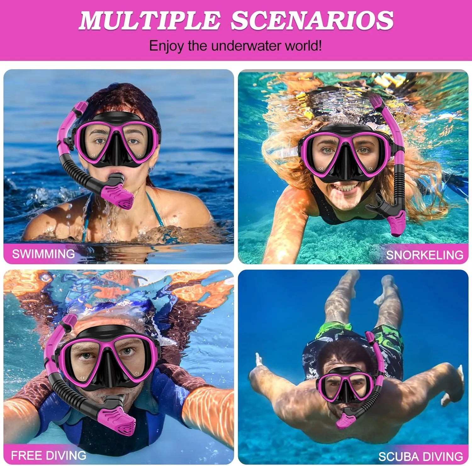 Snorkeling Gear for Adults, Dry Top Snorkel Mask Set 2 Pack Scuba Diving Mask Snorkel Gear Anti Fog Snorkeling Packages Tempered Glass Panoramic View Nose Cover