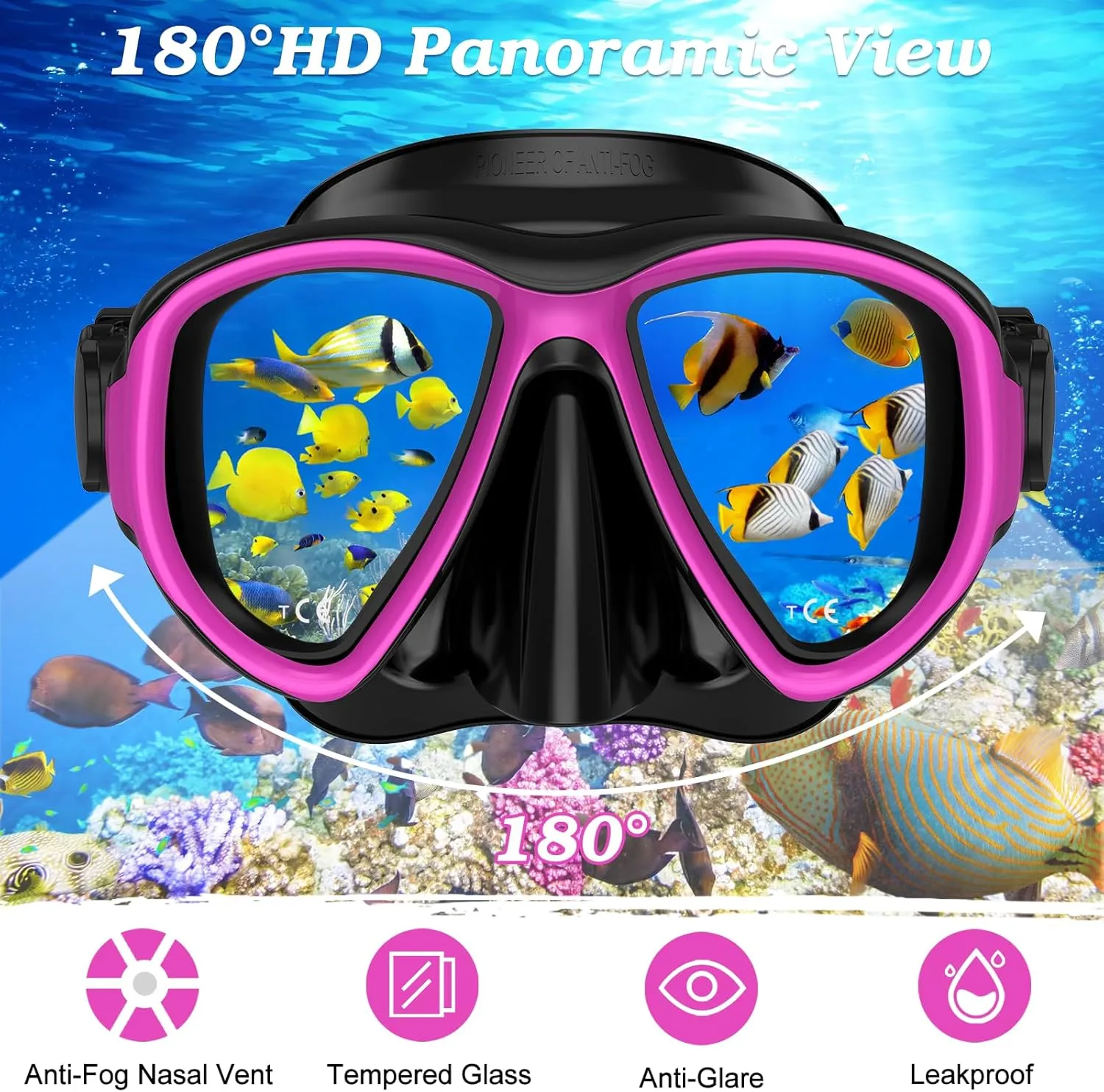 Snorkeling Gear for Adults, Dry Top Snorkel Mask Set 2 Pack Scuba Diving Mask Snorkel Gear Anti Fog Snorkeling Packages Tempered Glass Panoramic View Nose Cover