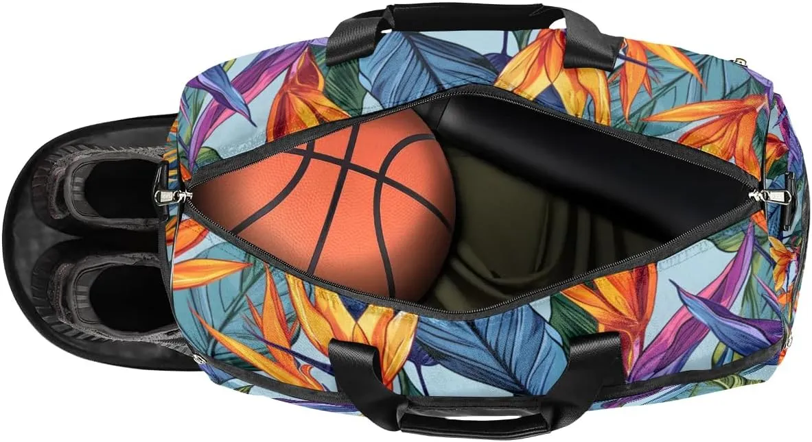 Sports Gym Bag for Women Men,Tropical Leaves Flower Waterproof Overnight Bag with Shoe Compartment, Travel Duffel Bag Carry On Weekender Bag for Beach Swim Pool Workout,BAG-395