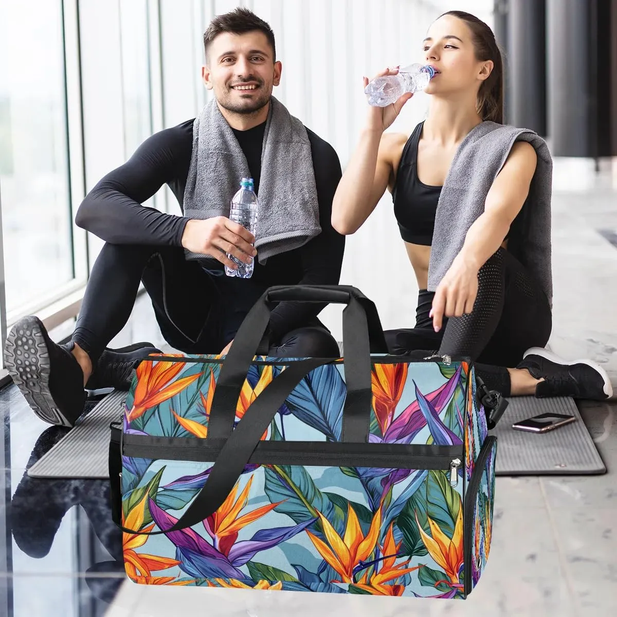 Sports Gym Bag for Women Men,Tropical Leaves Flower Waterproof Overnight Bag with Shoe Compartment, Travel Duffel Bag Carry On Weekender Bag for Beach Swim Pool Workout,BAG-395