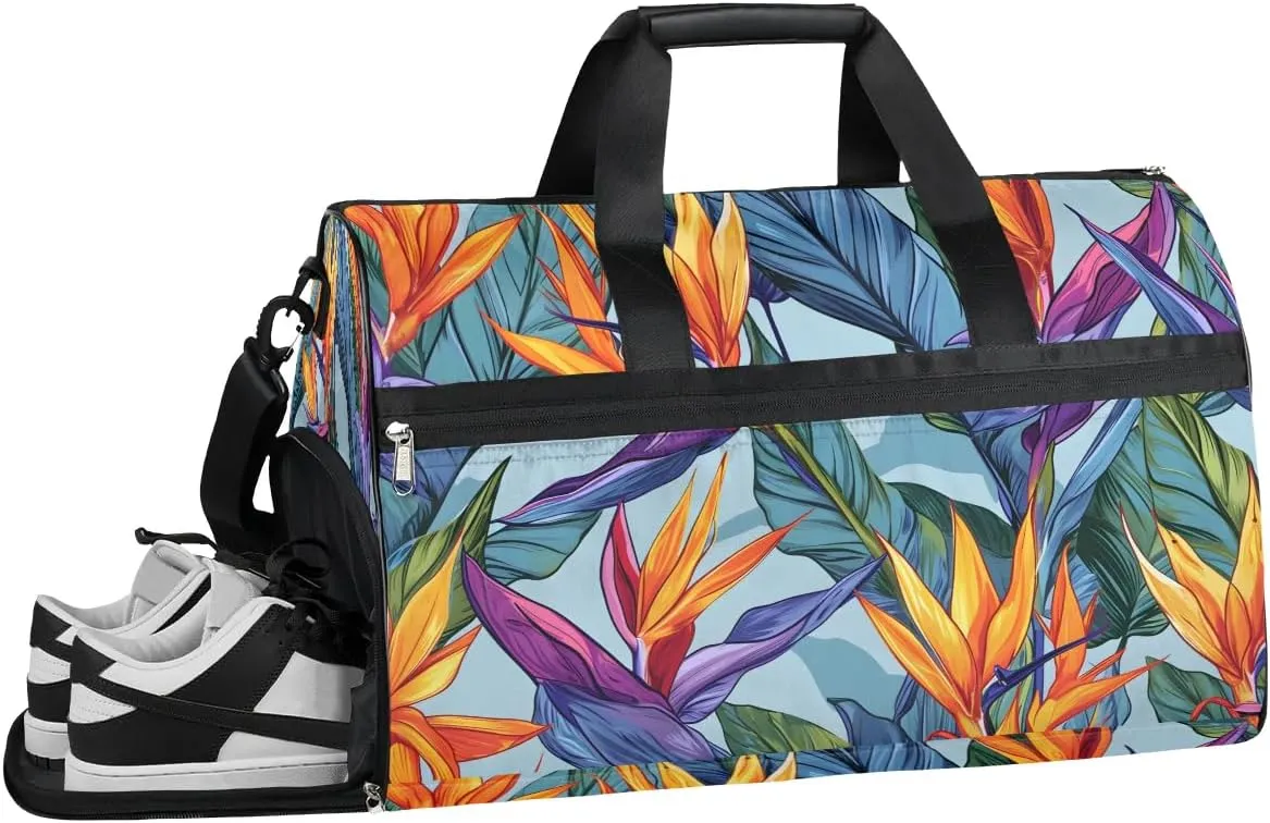 Sports Gym Bag for Women Men,Tropical Leaves Flower Waterproof Overnight Bag with Shoe Compartment, Travel Duffel Bag Carry On Weekender Bag for Beach Swim Pool Workout,BAG-395