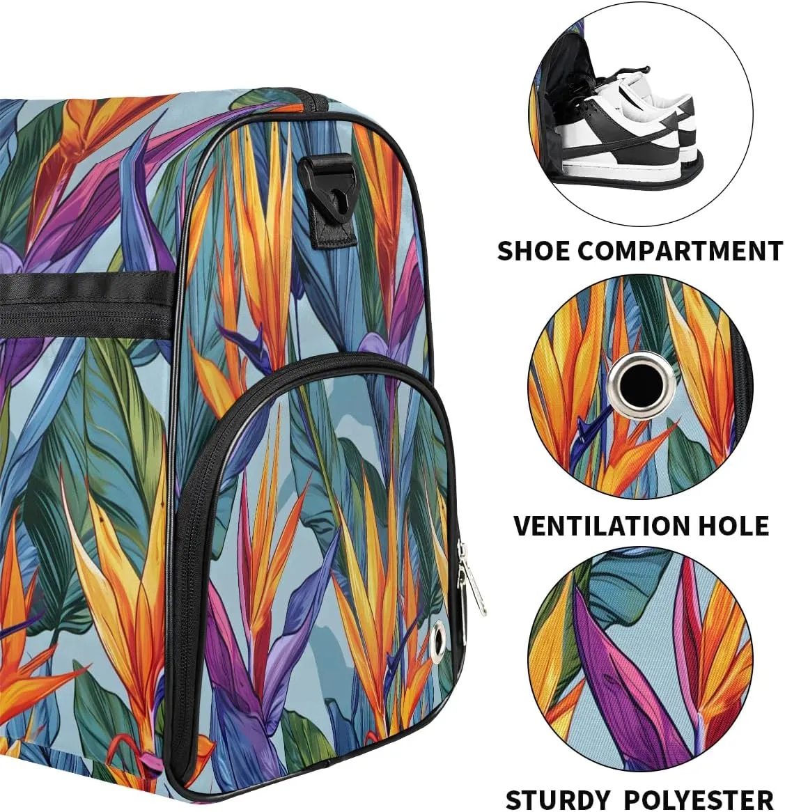 Sports Gym Bag for Women Men,Tropical Leaves Flower Waterproof Overnight Bag with Shoe Compartment, Travel Duffel Bag Carry On Weekender Bag for Beach Swim Pool Workout,BAG-395
