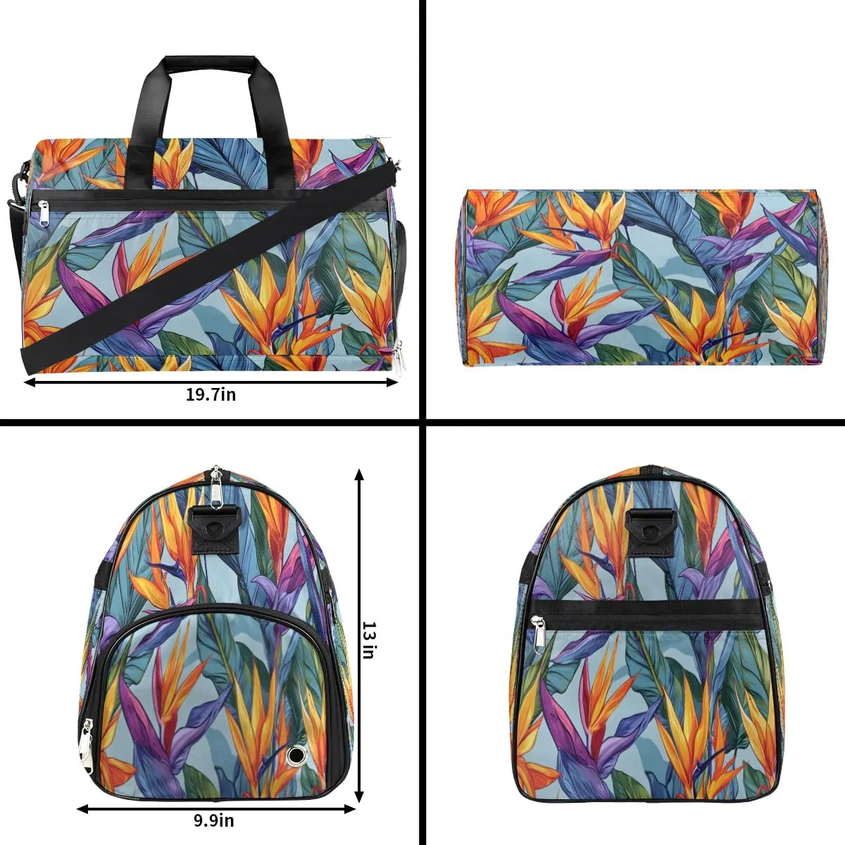 Sports Gym Bag for Women Men,Tropical Leaves Flower Waterproof Overnight Bag with Shoe Compartment, Travel Duffel Bag Carry On Weekender Bag for Beach Swim Pool Workout,BAG-395